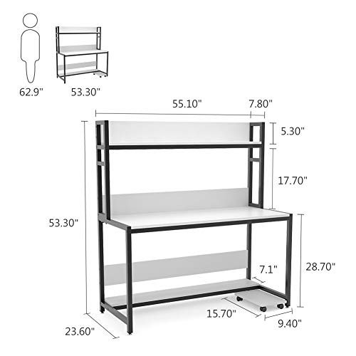 Tribesigns 55 Inches Large Computer Desk with Hutch, Modern Writing Desk with Bookshelf, PC Laptop Study Table Workstation for Home, White + Black Legs