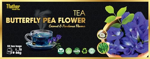 TFATHER – 33 BUTTERFLY PEA FLOWER TEA BAGS WITH DIPPING STRING – BUTTERFLY PEA, COCONUT & PANDANUS ORIGINAL FLAVOR – NO CAFFEINE, NO SUGAR, NO GLUTEN, NON GMO, VEGAN & NATURAL, PURPLE BLUE