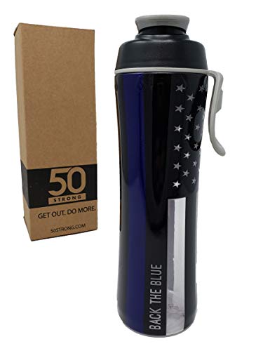 50 Strong BPA Free Gym Water Bottle with Ice Guard Flip Top Cap & Carry Loop - Cute Designer Prints - Perfect for Men, Women, Sports & Workout - 24 oz. - Made in USA (Thin Blue Line, 24 oz.) (Best Gifts For Law Enforcement)