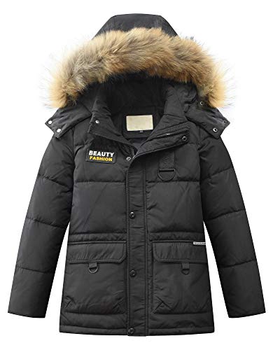 JiaYou Toddler Kid Child Boy Hooded Thick Winter Parka Mid/Long Duck Down Puffer Padded Overcoat Jacket(Style E Animal Fur Black,Height 47.24"-51.18" Inches)
