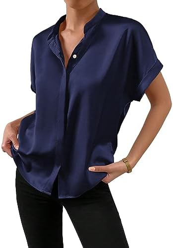 GORGLITTER Women's Satin Button Down Short Sleeve Silk Shirt