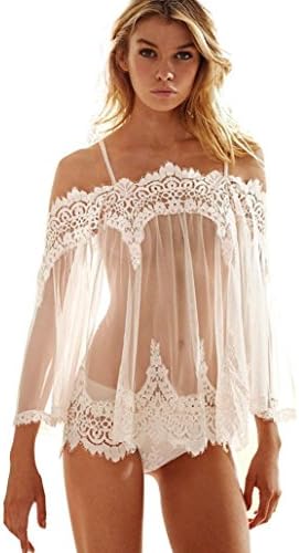 OMfeng Women Lingerie Babydoll Sleepwear Underwear Lace Dress Nightwear +G-string (L4, White)
