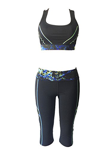 Women Gym Yoga Workout Activewear Sets Unpadded Sports Bra Top + Crop Leggings 2 Pieces Set (M/L, Neon Yellow/Blue Black Mix)