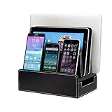 MobileVision Charging Station Slim Black Faux Leather Executive Stand and Docking Organizer for Multiple Devices, Smartphones, Tablets, Laptops