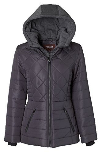 Sportoli Women's Down Alternative Quilted Midlength Vestee Puffer Jacket with Fleece Hood - Hematite Medium)
