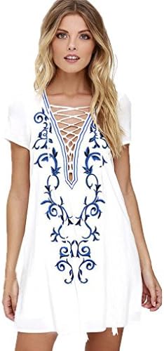 Sinineflower Scoop Neck Embroidered Half Sleeve Casual Swing Vintage Ethnic Embroidered Hippie Loose Casual Fashion Women Mini Dress (XL, White)