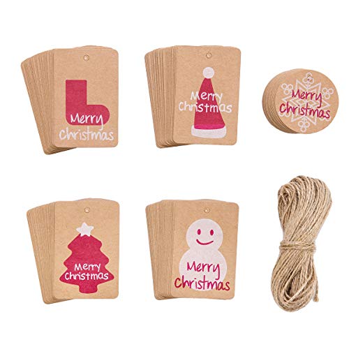 150 Pack Christmas Gift Tags Brown Kraft Paper and String Smooth for Writing - 5 Designs for DIY Xmas Holiday Present Wrap Stamp and Label Package Name Card Party Supplies