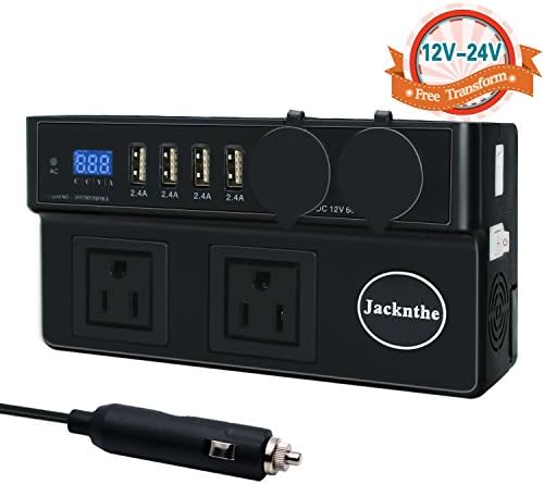 200W Car Power Inverter, Jacknthe DC 12V/24V to AC 110V Converter for Car with 2 US AC Outlets 2 Cigarette Lighter Sockets and 9.6A 4 Reversible USB ports Digital Display