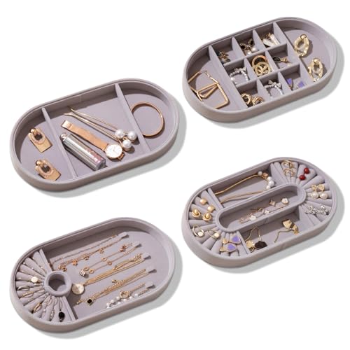 ProCase Set of 4 Stackable Jewelry Organizer Tray for Drawer, Velvet Jewelry Trays, Jewelry Drawer Organized Inserts Display Tray with Removable Divider for Birthday Valentines Gift -Grey
