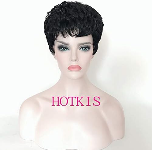 HOTKIS Short Curly Wigs Black Short Pixie Wigs Synthetic Short Cut Wigs for Women