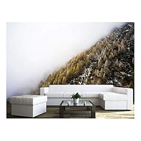 Landscape of Trees and Mountain Surrounded by Fog - Removable Wall Mural | Self-Adhesive Large Wallpaper - 66x96 inches
