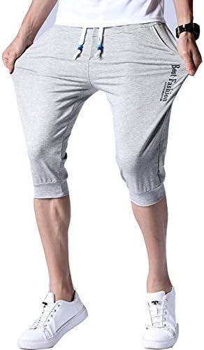 AURNEW Men's Casual Slim Fit Elastic Three-Quarter Jogger Sweatpants Drawstring Pockets Running Pants (Grey, XL)