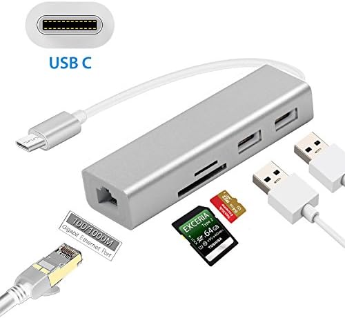 USB Type c Hub Card Reader Adapter, Sicotool Thunderbolt 3 Adapter with Gigabit Ethernet, USB 3.1 Type c to Memory Card Hub SD/TF Lan Network Adapter for New MacBook Router Google Chromebook Pixel