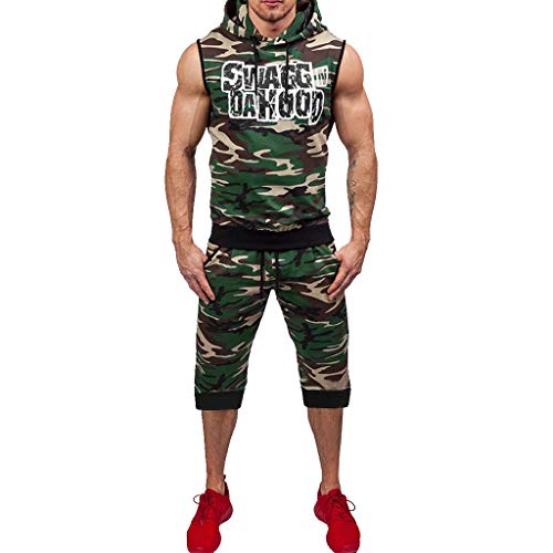 VEZAD Men Summer Shorts+ Vest Tracksuit Camouflage Print Sleeveless Hooded Vest Top Pants Set