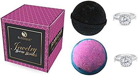 Bath Bombs with Surprise Ring Inside - Gift Set of 2 Ultra Lush Fragrant Fizzies - Jewels Pink Roses Black Activated Charcoal Natural Organic Kaolin Clay Essential Oil Shea Butter Handmade in USA