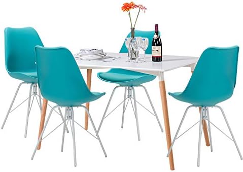 Modern Dining Chairs Set of 4 Upholstered Mid Century Side Chairs Metal Leg Blue