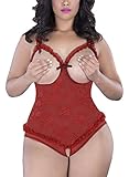XIMAN Women Plus Size Open Cup Crotchless Teddy Sexy Lingerie (US XL=Tag XXL, Wine red)