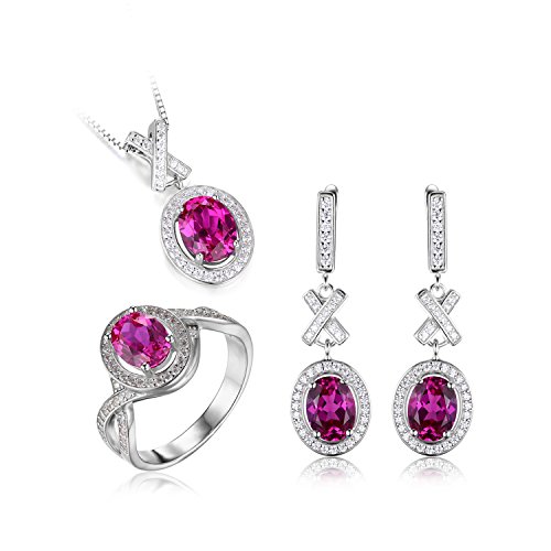 JewelryPalace Women's Classic 8ct Oval Created Pink Sapphire Halo Solitaire Pendant Necklace Drop Dangle Earrings Promise Ring 925 Sterling Silver Size 7
