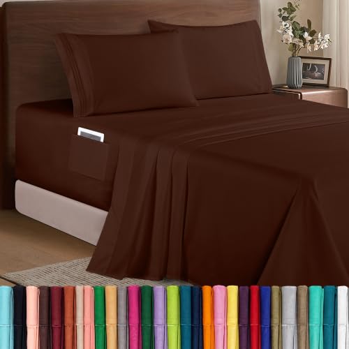 Elegant Comfort, Lussuoso set di lenzuola in microfibra 1500, qualita alberghiera, 4 pezzi, morbido, elastico, profondo 45-61 cm, con angoli extra profondi, per letto matrimoniale, marrone cioccolato