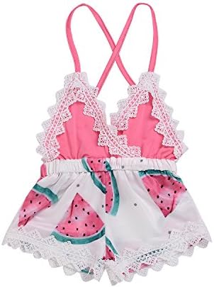 Summer Toddler Baby Girl Clothes Cute Watermelon Print Lace Trim Backless Romper Shorts Jumpsuit