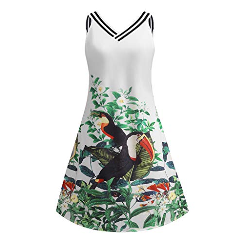 Sagton Women A-Line Flare Tank Mini Dress V Neck Floral Bird Print Cocktail Sundress White