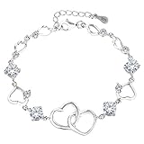 EleQueen 925 Sterling Silver Round CZ Double Love Heart Link Bracelet Rhodium Plated, 6.5