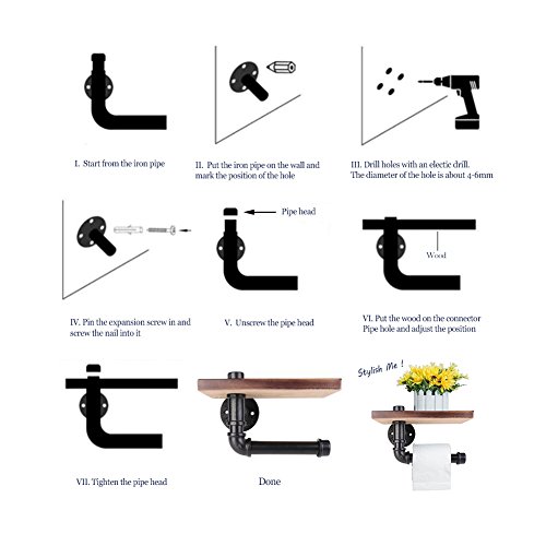 Industrial Toilet Paper Holder with Wooden Shelf Metal Wall Storage Missingift Iron Pipe Tissue Roll Hanger (Double Faced)
