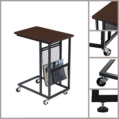 EKNITEY Sofa Side Table,Mobile C Shaped End Table Snack Table with Wheels and Side Pocket for Living Room,Laptop,Bedroom,Coffee,Couch and Small Spaces (Walnut)