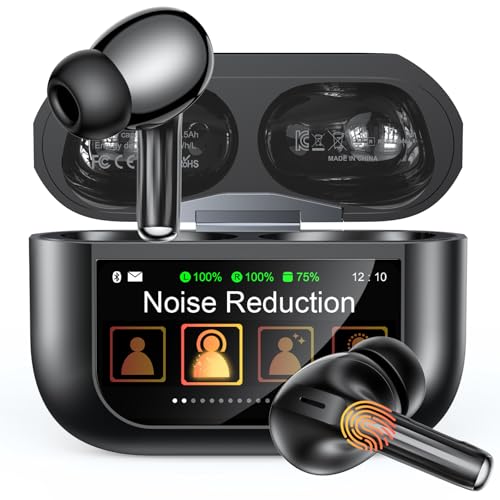 ZZU Wireless Earbuds, Bluetooth Ear Buds 5.4 with Smart Touch Screen, ENC Noise Cancelling Headphones with 48H Playtime, HiFi Stereo Sound, 5 EQ Modes, Lightweight Earphones for iPhone/Android- Black