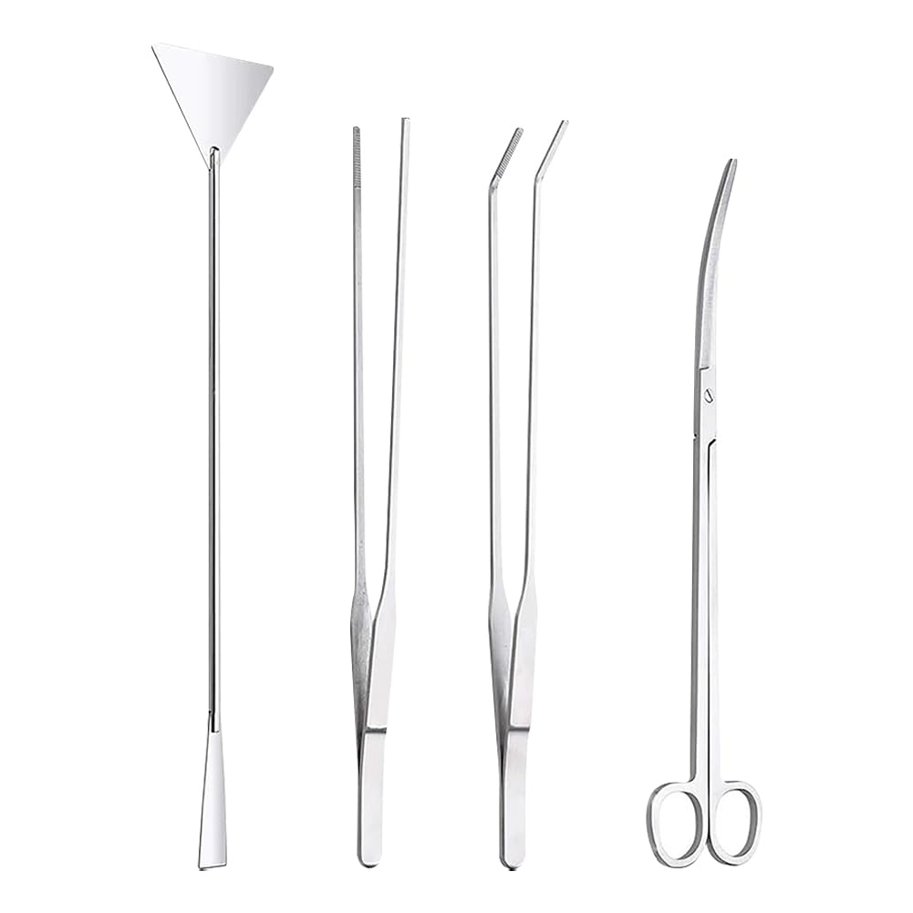 FSSTUD 4 Pcs Stainless Steel Aquarium Kit Long Tweezers Scissors Fish Tank Cleaning Tweezers Aquatic Plant Scissors Tools
