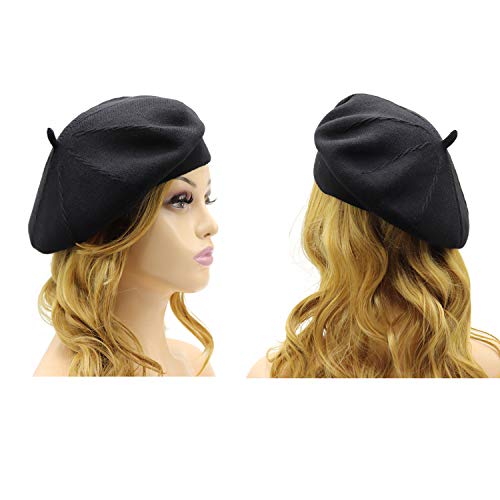 French Beret Hat,Reversible Solid Color Cashmere Beret Cap for Womens Girls Lady Adults (Black1)