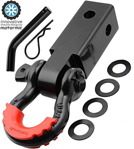 motormic Shackle Hitch Receiver 2" (35,000 lbs Max Capacity) with 3/4" D Ring and 7/8" Screw Pin Safety Ring - Includes 1 Black Bent Pin, 4 Rubber Washers and 1 Red Isolator