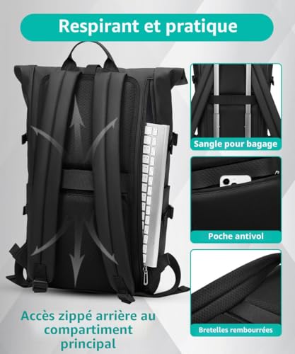 GYakeog Men's Waterproof Backpack for 15 Inch Laptop 33L Expandable for Hiking, Work, Travel, Cycling, University-Black
