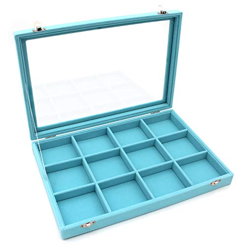 KLOUD City Jewelry Tray Box Showcase Display Storage Rings Earrings Necklaces Bracelet Broochs Organizer Removable Stackable Velvet Clear Lid with Lock (Light Blue 12 Grid)