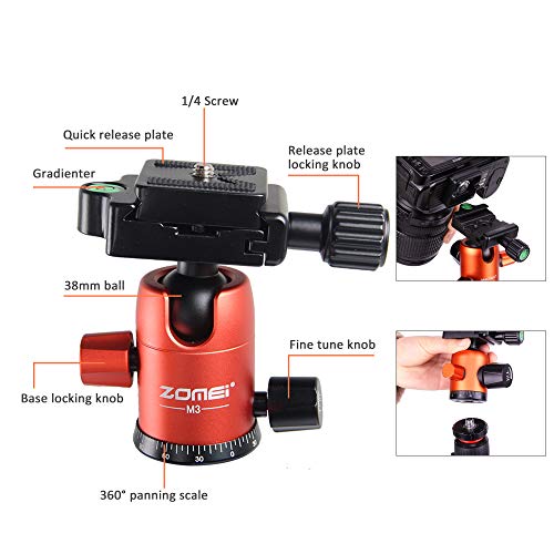 Zomei M3 Travel Camera Tripod Monopod Aluminum Lightweight Professional with 360 Degree Ball Head,1/4" Quick Release Plate and Carry Bag for Canon Nikon Sony DSLR (Orange)