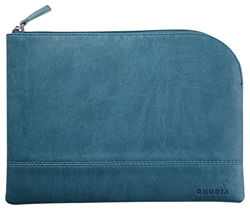 RHODIA 116634C - Faux Leather Zipped Pouch - Peacock - Size M (16 x 22 cm) - Genuine Stitching - Inside Orange Fabric - Storage for Documents, Small Supplies