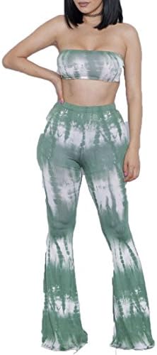 Teamoluna Women's Sexy Tie Dye Print Bandeau Top Flared Bell Bottom Pants Outfits (US,M/Asia,L) 3
