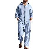 TAFLE Men's 2 Pieces Cotton Linen Set Casual Long Sleeve Henley Shirts Beach Yoga Pants Summer Outfits
