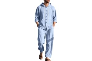 TAFLE Men's 2 Pieces Cotton Linen Set Casual Long Sleeve Henley Shirts Beach Yoga Pants Summer Outfits