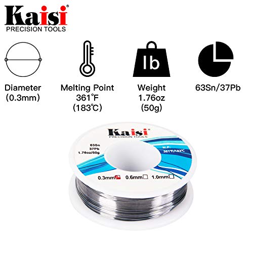Kaisi Solder Wire 63/37 Tin/Lead Sn63Pb37, Flux 2%, with fluxed rosin core, 1.76oz/50g (0.3mm) 1 PACK