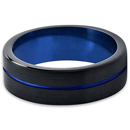 R4URINGS-4U 8mm Black Two Tone Blue Inlay Tungsten Ring Groove Matted Brushed Flat Edge it (6.5)