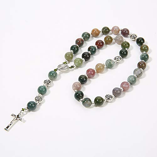 BALIBALI Handmade 8mm Anglican Prayer Beads Rosary Jade Natural Stone Rosary Beads with Pardon Crucifix Cross Custom Rosary (Silver(India Agate))