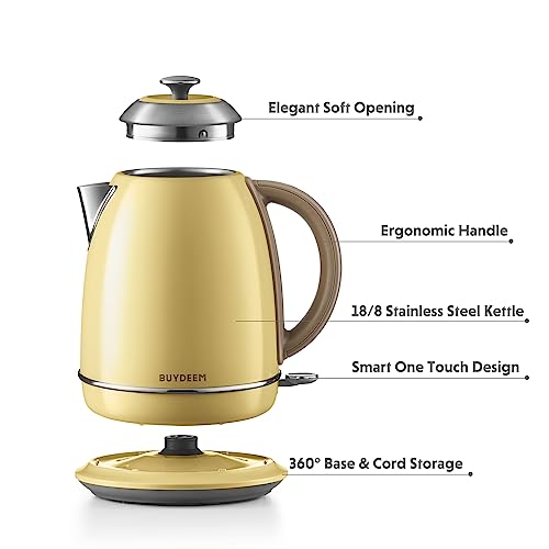 BUYDEEM K640 Stainless Steel Electric Tea Kettle with Auto Shut-Off and Boil Dry Protection, 1.7 Liter Cordless Hot Water Boiler with Swivel Base, 1440W (Mellow Yellow)