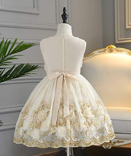 Ruffles Lace Bow Flower Tulle Princess Formal Wedding Birthday Party Dress for Toddler Baby Girl (3-4 Years, Champagne 3D) - Thumbnail 2