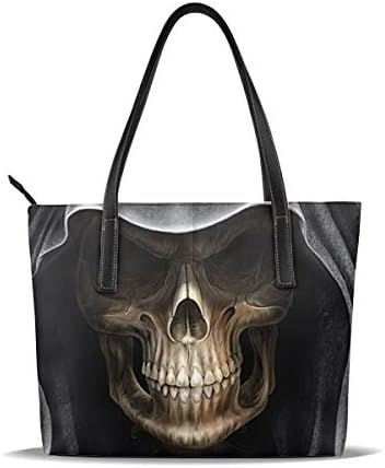SIX WALL Scary Skull Wearing Black Hat Womens Leather Handbags Bag Waterproof Handbag Cross Body Satchel and Purses for Ladies Tote Handles,Vintage Tote Bag for Women Large Shoulder Purse Handbag