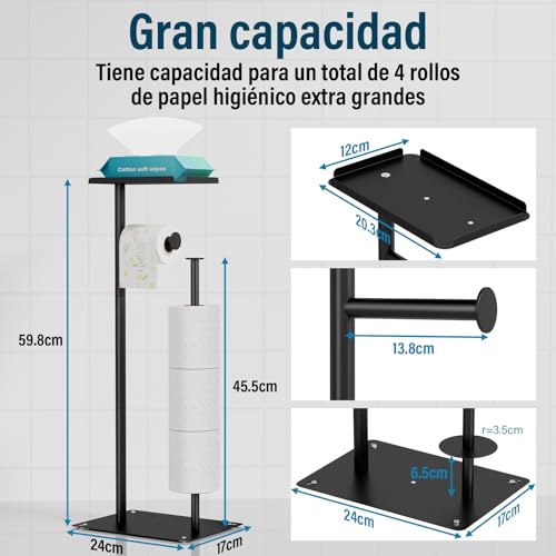 GALASALA Porta Rollos Papel de Baño de Pie, Porta Papel de Baño de Acero Inoxidable, Soporte Portarollos Papels Higienico con Base Antideslizante, para 4 Rollos de Repuesto y 2 Ganchos
