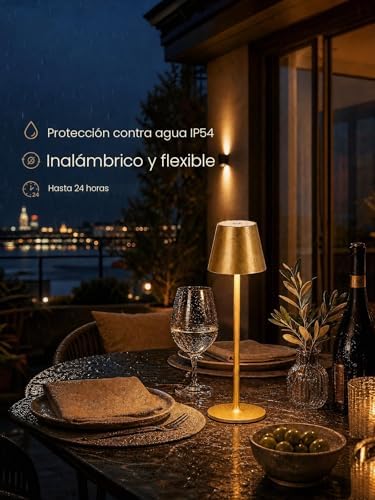 2 lámparas LED regulables de mesa con batería, inalámbrica, recargable, luz cálida, 3000 K, lámpara de mesa para interior y exterior con USB-C, aluminio, IP54, resistente al agua (dorado)…