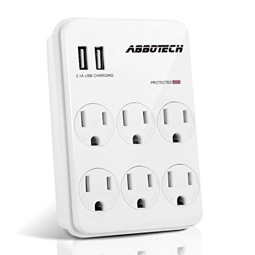 AbboTech Multi Outlet Wall Mount Adapter Surge Protector Wall Tap With 6AC Outlets And Dual High Speed USB Charging Ports ,Child-Resistant Cover,White,ETL Certified (6A2U)