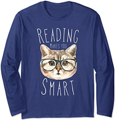 Unisex Teachers Gifts Reading Cat T Shirt Long Sleeve Cat Apparel 2XL Navy
