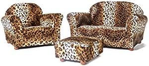 Keet Roundy Faux Fur Children's Chair, Sofa and Ottoman Set, Leopard
